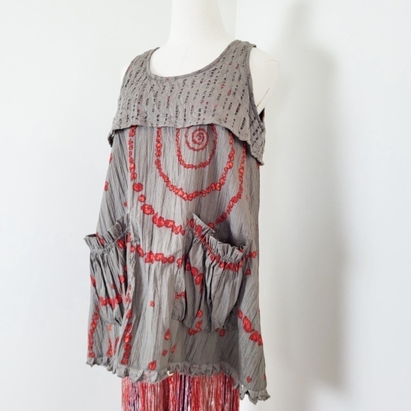 Tara Vao Babydoll Tank Top Pockets Long Sleeveless Abstract Pleated Eyelet - Picture 4 of 12